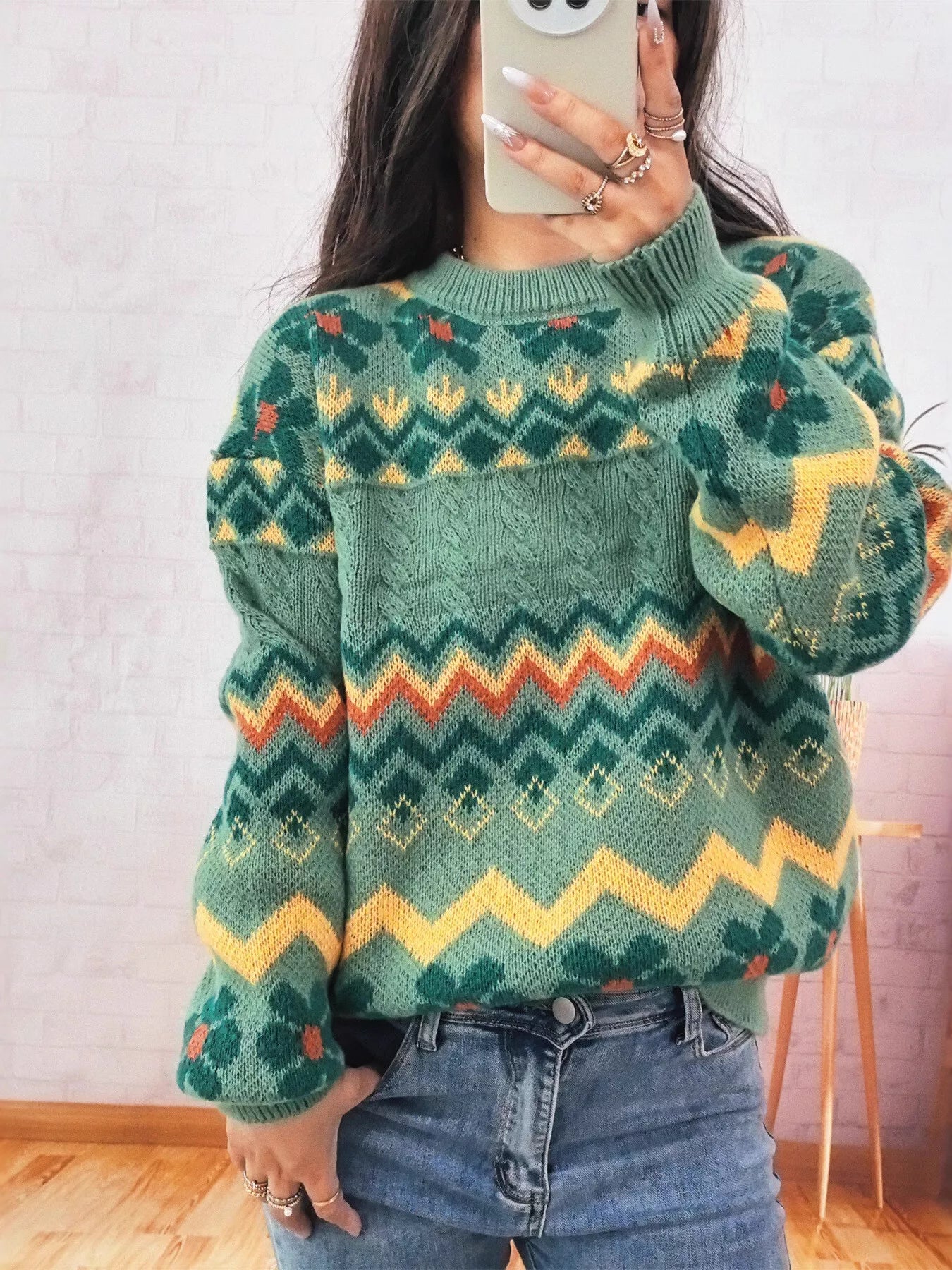 Geometric Round Neck Long Sleeve Sweater Green One Size OutfitFlow