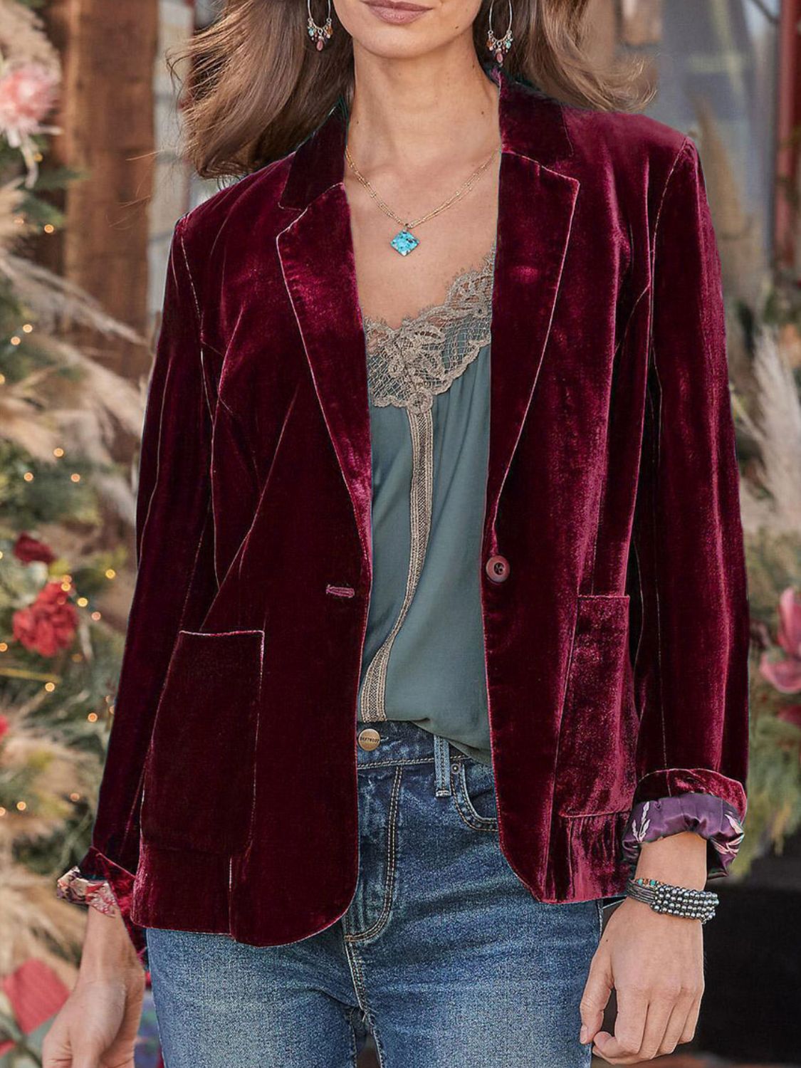 Pocketed Button Up Lapel Collar Blazer Burgundy OutfitFlow