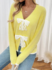 Lace Bow-Tie Front Long Sleeve Cardigan Trendsi