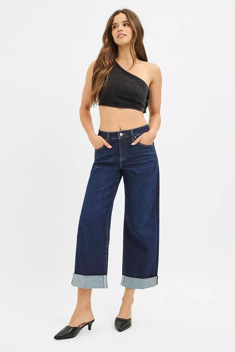 RISEN Mid Rise Fit Ankle Wide Roll Up Jeans OutfitFlow