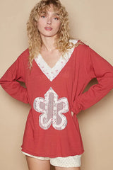 POL Lace Flower Patch Long Sleeve T-Shirt Scarlet OutfitFlow