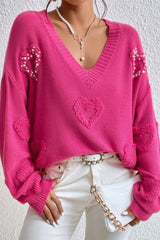 Outfit Flow - Pearl Trim Heart V-Neck Sweater