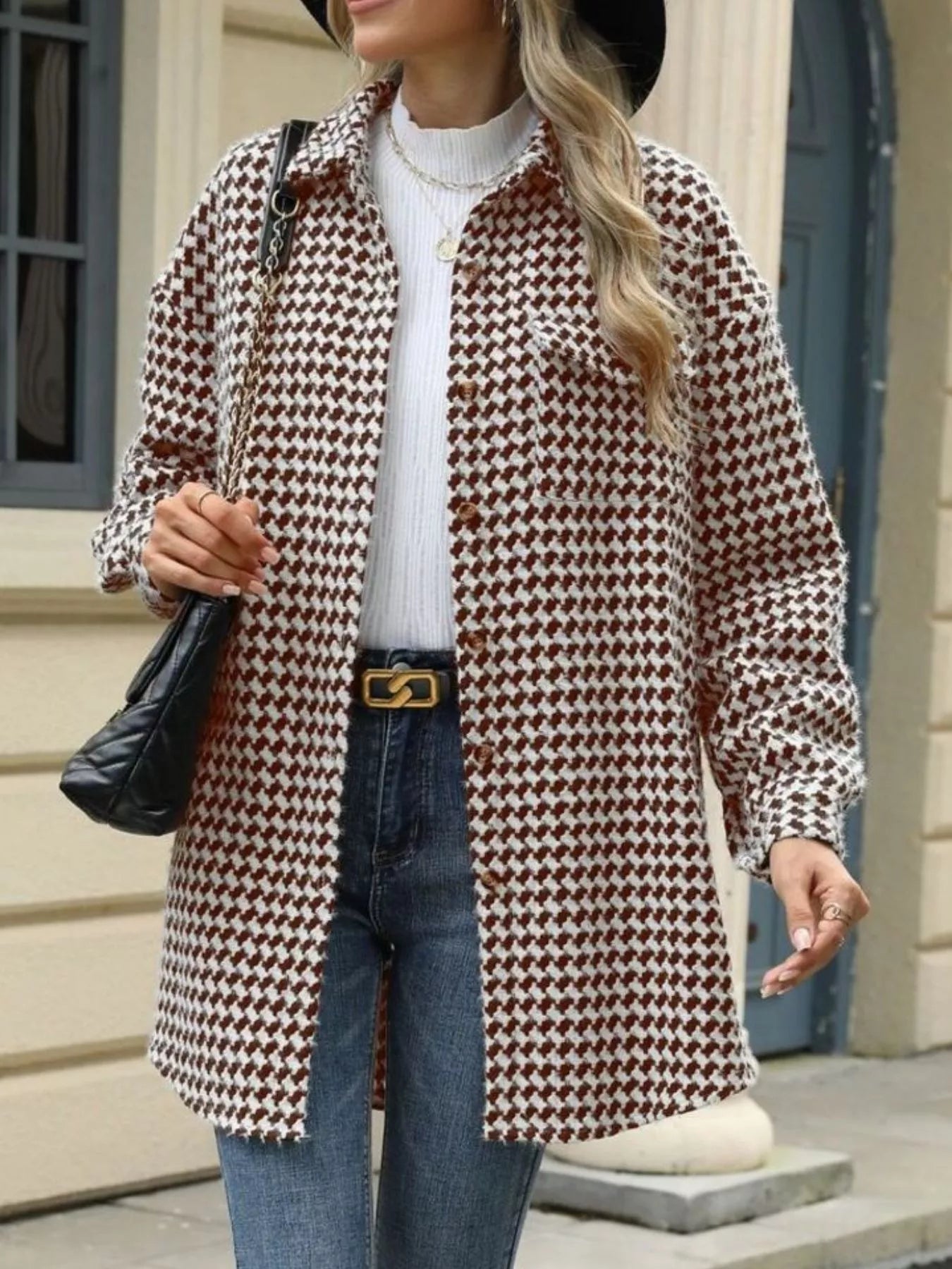 Houndstooth Button Up Long Sleeve Coat Trendsi