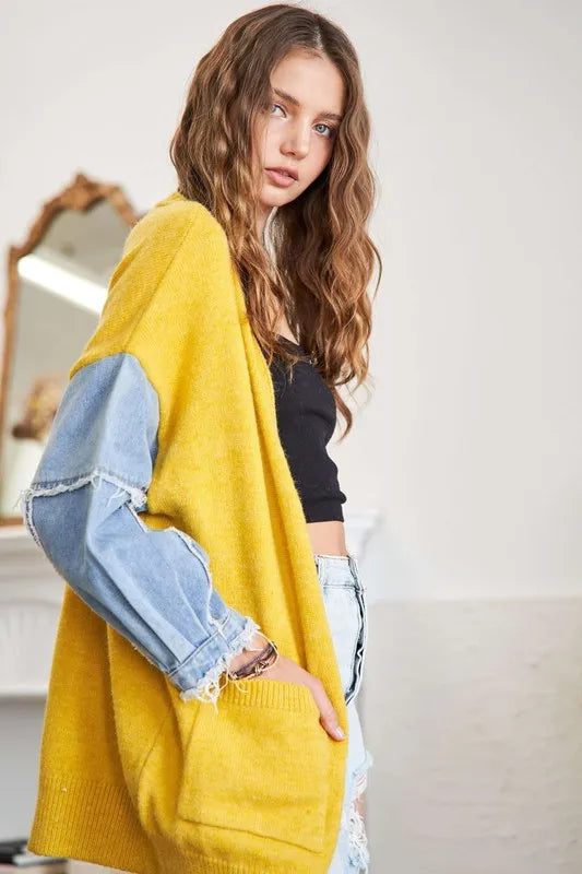 ADORA Full Size Frayed Denim Sleeve Sweater Cardigan Plus Size OutfitFlow