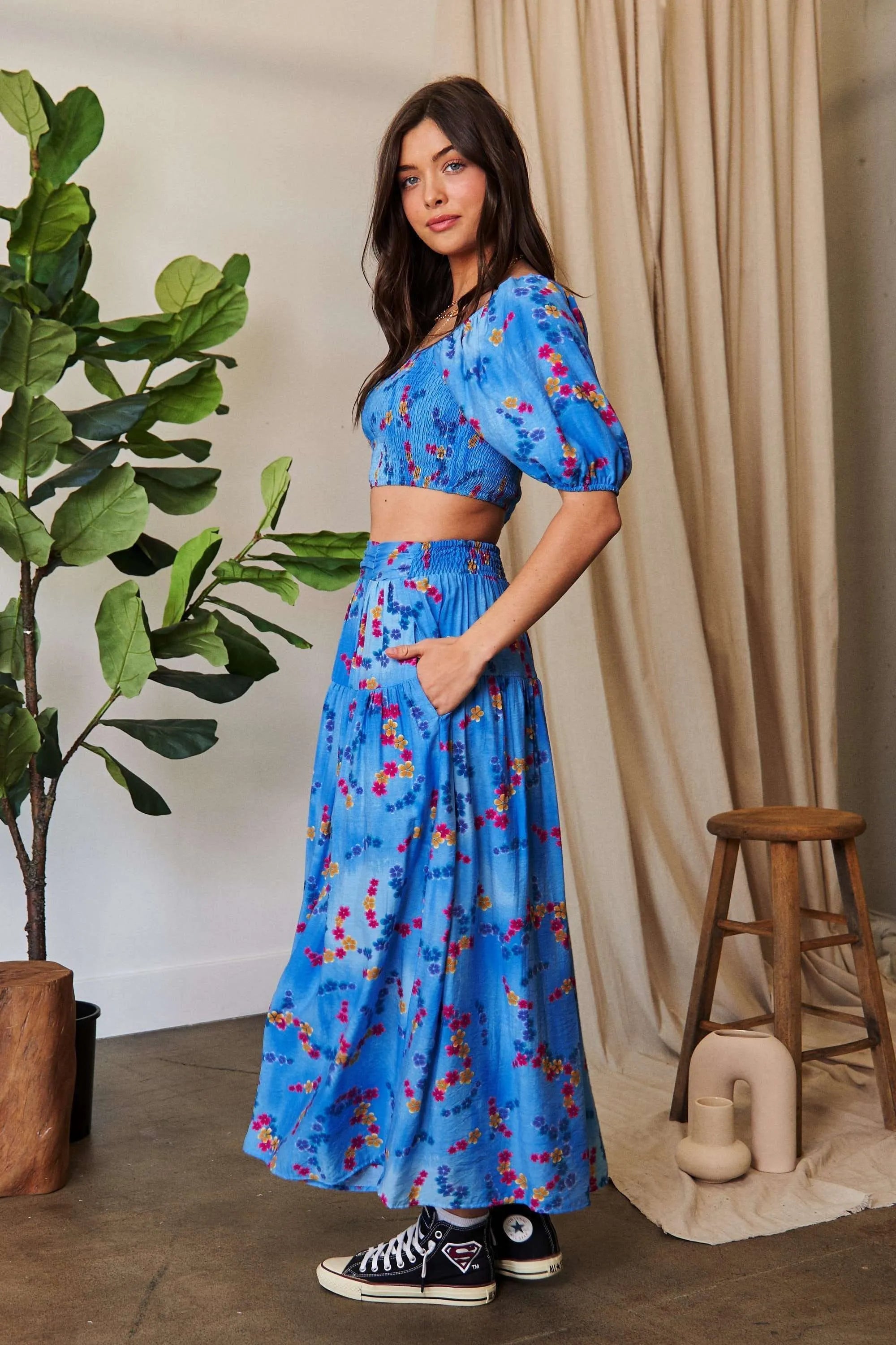 Davi & Dani Printed Smocking Waistband Ruffled Maxi Skirt OutfitFlow