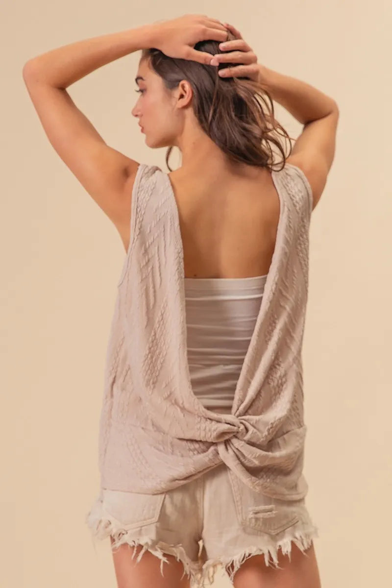 BiBi Textured Sweather Knit Twist Back Sleeveless Top OutfitFlow