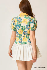 Umgee Floral Print Puff Sleeve Cropped Blouse OutfitFlow