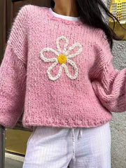 Flower Round Neck Dropped Shoulder Sweater OutfitFlow