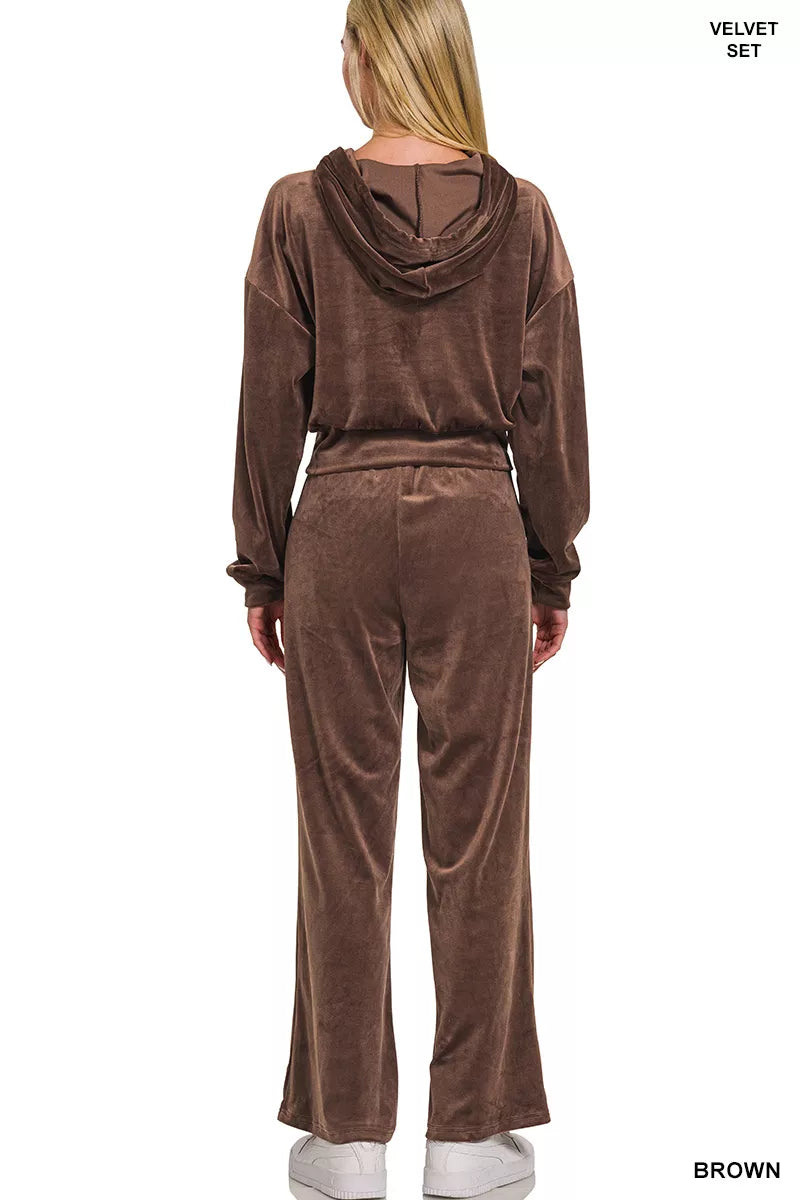 Zenana Velvet Zip Up Hoodie and Pants Set OutfitFlow