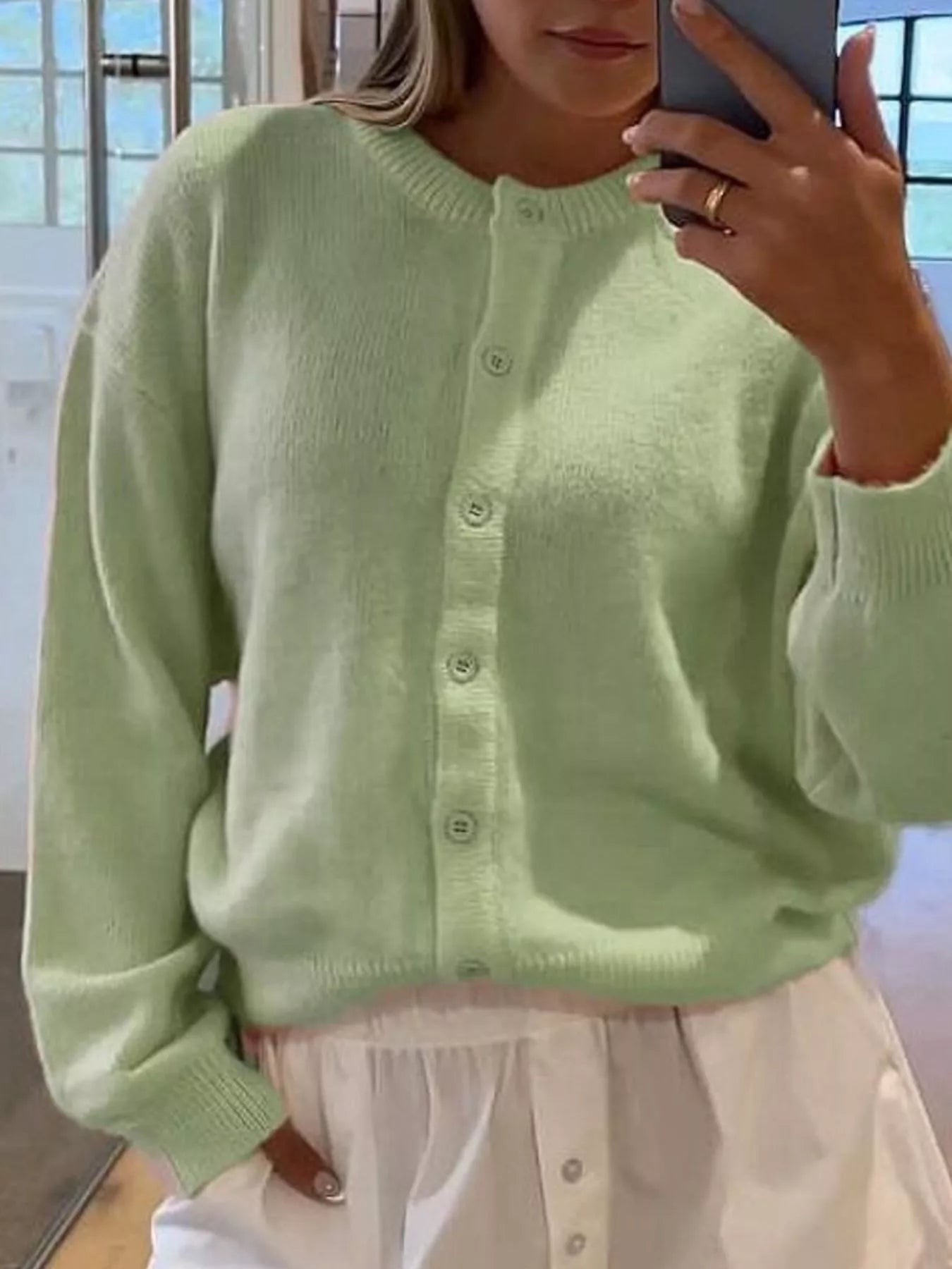 Button-Down Knit Cardigan Light Green OutfitFlow