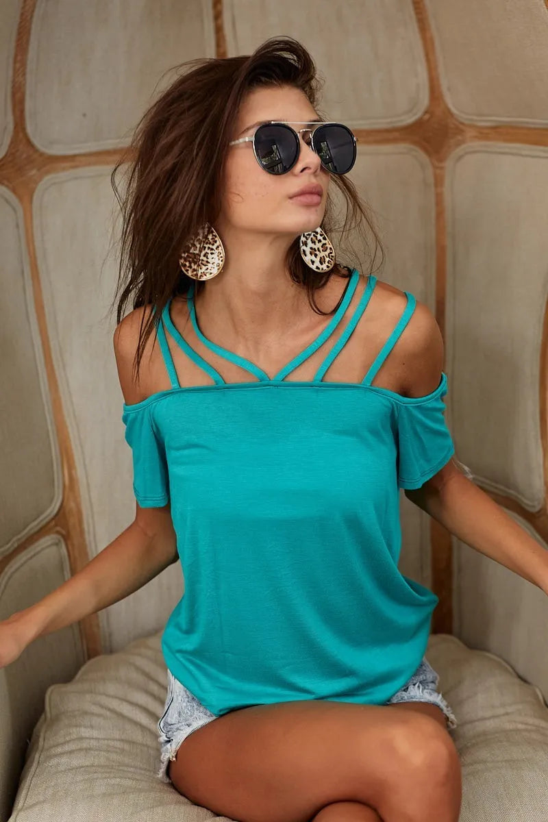 BiBi Rayon Span Jersey Lace Up Shoulder Detailed Top OutfitFlow