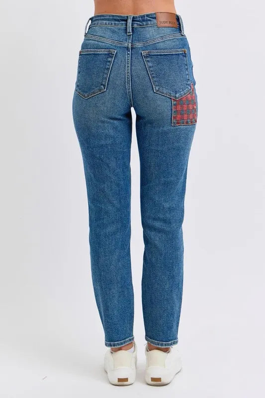 Judy Blue Full Size HW Plaid Patch Slim Fit Jeans Plus Size OutfitFlow