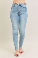 Judy Blue Full Size Mr Tummy Control Vintage Wash Skinny Jeans Plus Size Light OutfitFlow