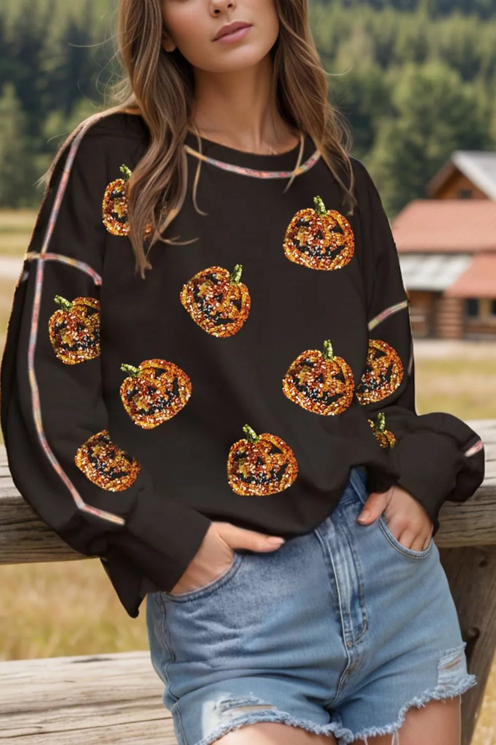 Sequin Pumpkin Round Neck Long Sleeve Sweatshirt Black OutfitFlow