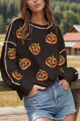 Sequin Pumpkin Round Neck Long Sleeve Sweatshirt Black OutfitFlow