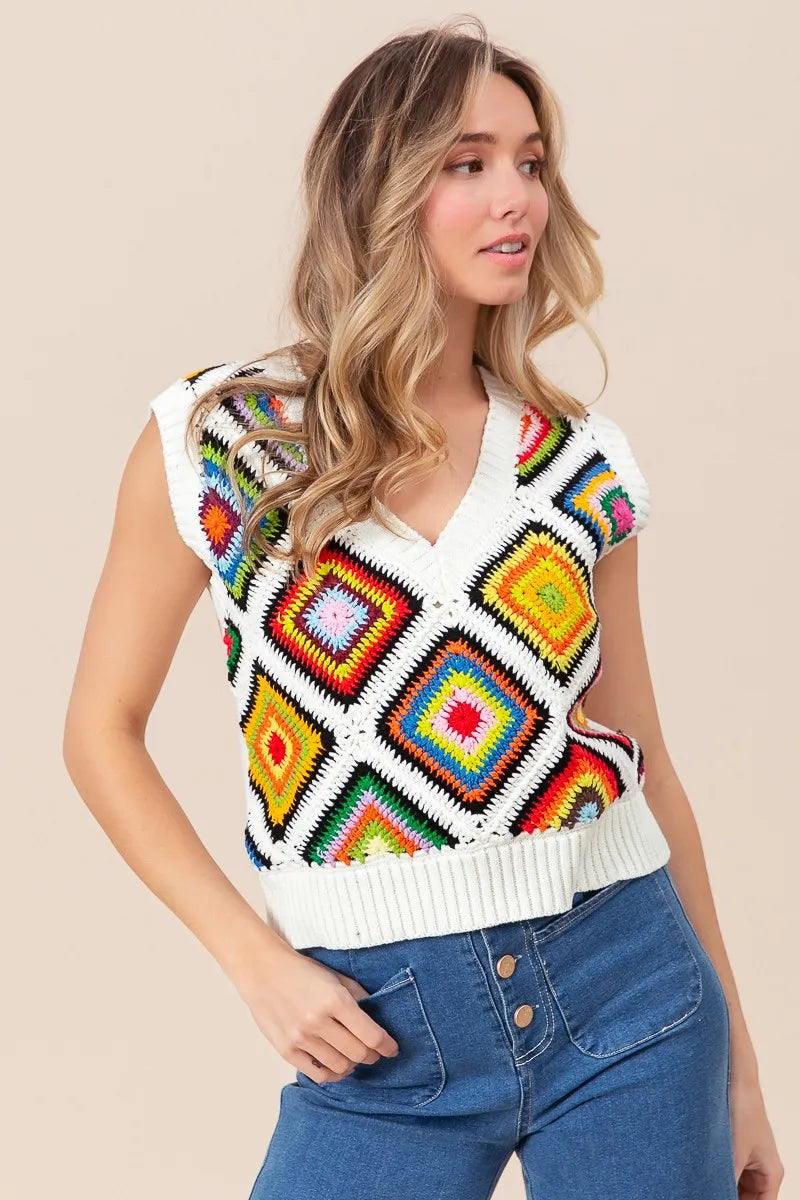 BiBi Diamond Granny Square Sweater Vest OutfitFlow