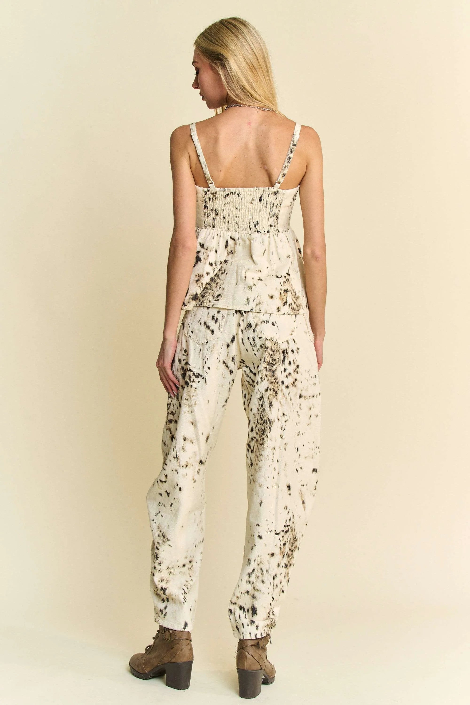Davi & Dani Abstract Tie Dye Dot Lace Detail Barrel Pants OutfitFlow