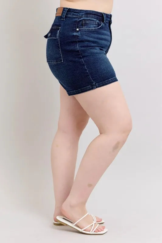 Judy Blue Full Size High Waist Back Flap Pocket Denim Shorts Plus Size OutfitFlow
