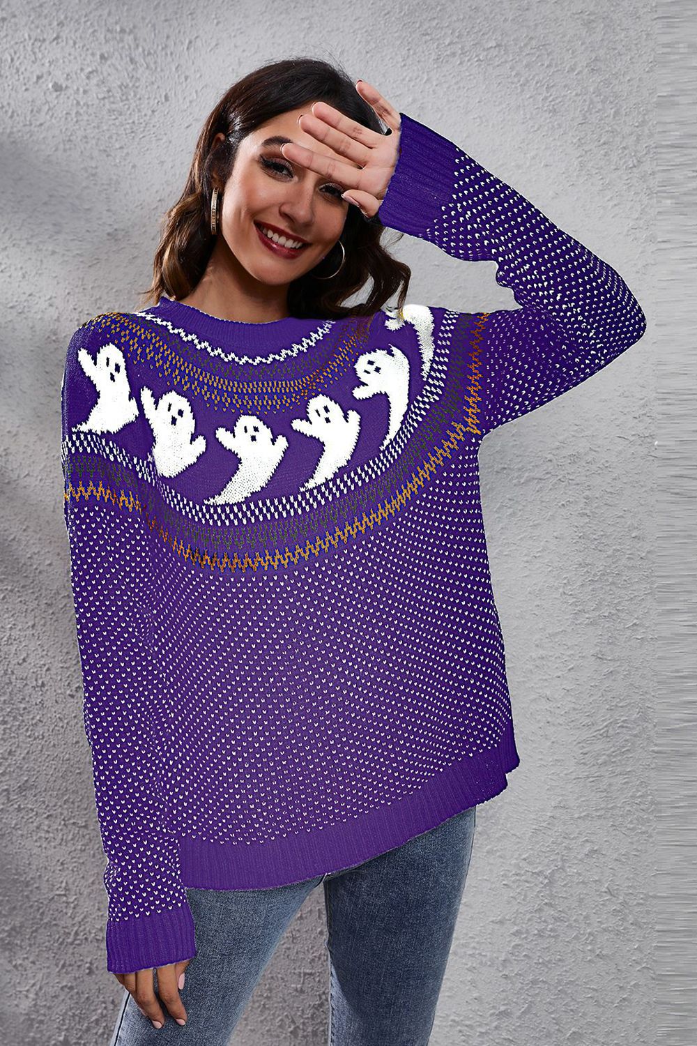 Ghost Pattern Round Neck Long Sleeve Sweater Light Indigo OutfitFlow
