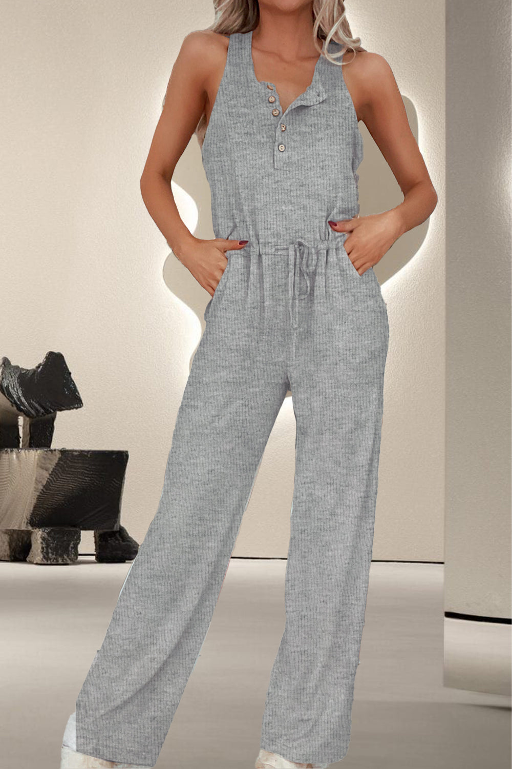 Outfit Flow - Drawstring Quarter Button Wide Strap Jumpsuit