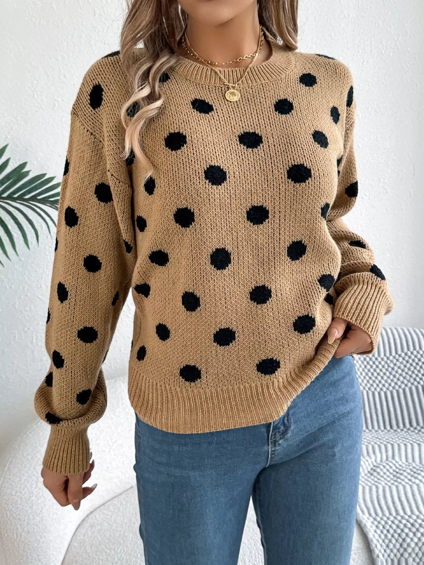 Polka Dot Round Neck Sweater Khaki OutfitFlow