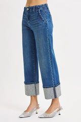 RISEN High Rise Ankle Wide Rhine Stone Cuffed Jeans Trendsi