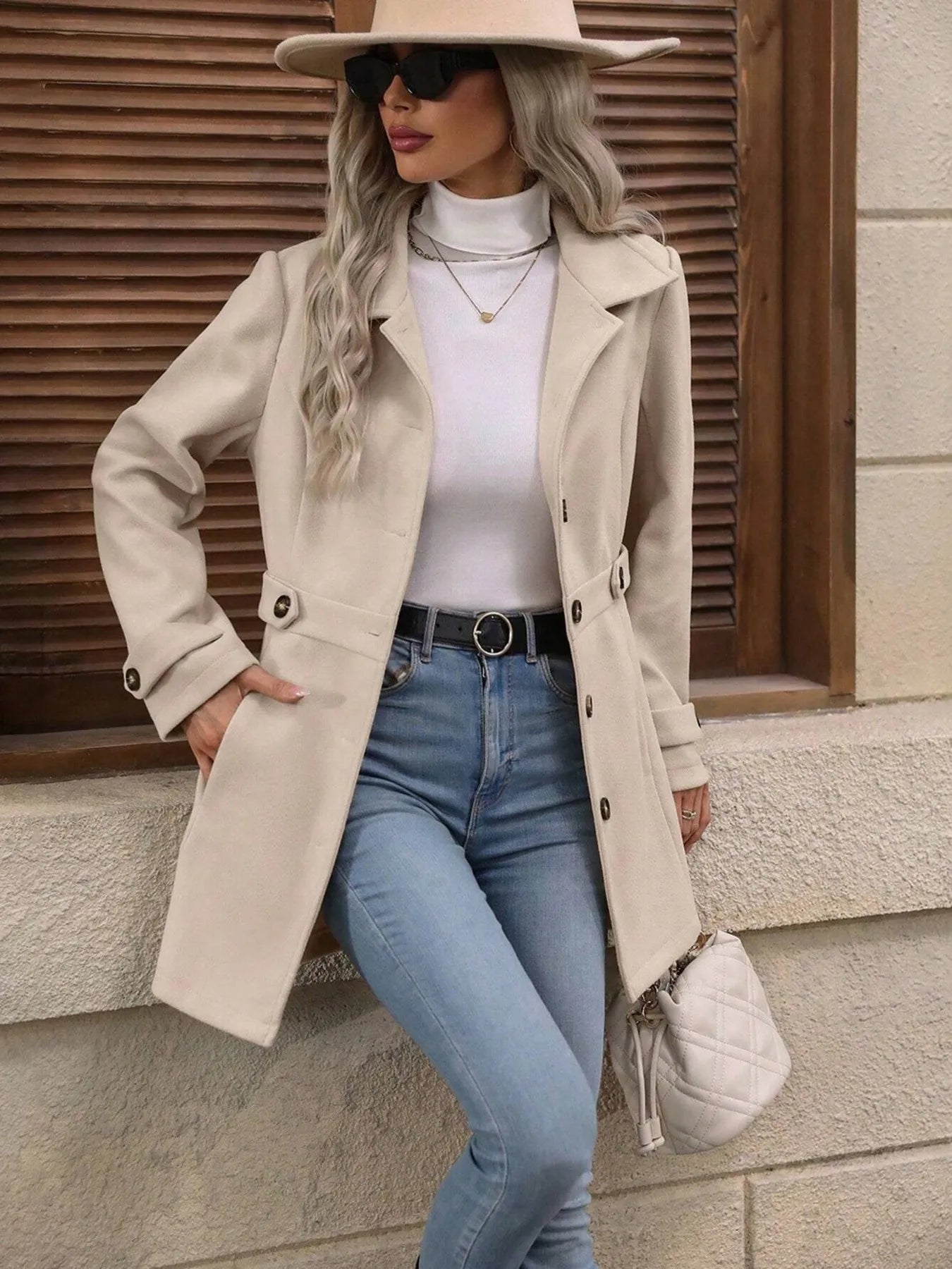 Button Up Long Sleeve Coat Trendsi