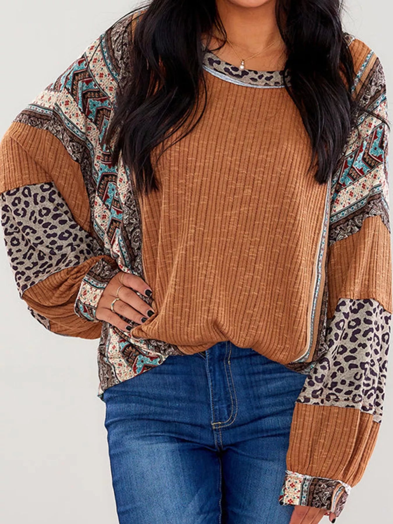 Leopard Color Block Ribbed Top Caramel OutfitFlow