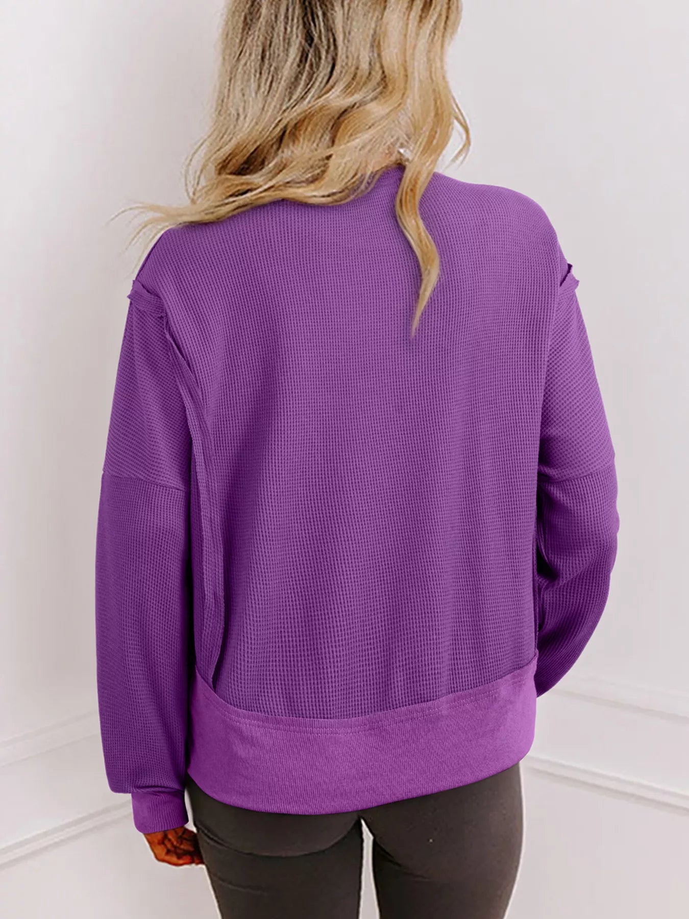 Solid Color Raw Seam Patchwork Ribbed Drop Shoulder Sweatshirt OutfitFlow
