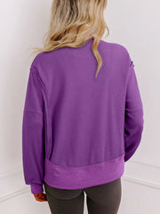 Solid Color Raw Seam Patchwork Ribbed Drop Shoulder Sweatshirt OutfitFlow