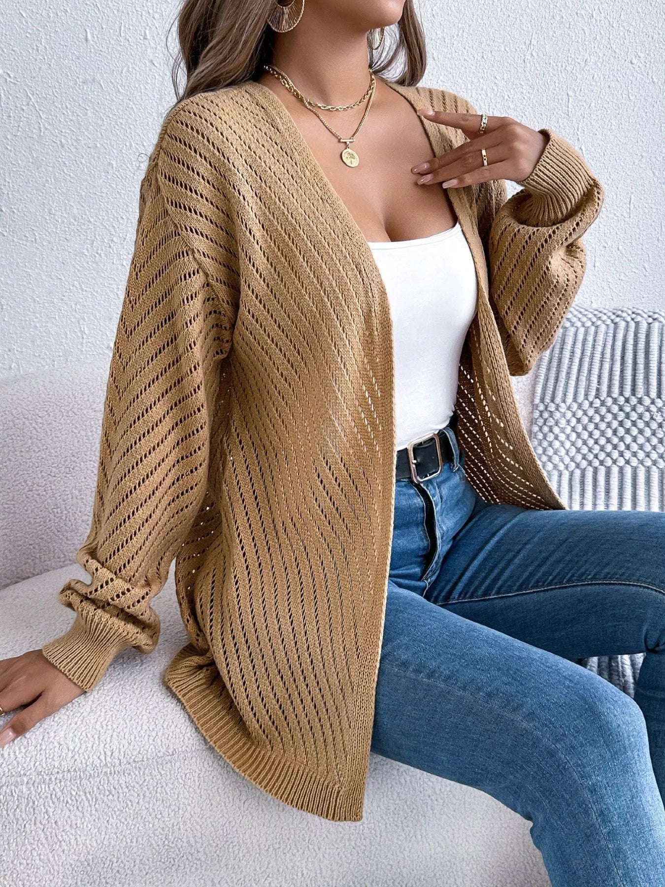 Openwork Open-Front Long Sleeve Cardigan OutfitFlow