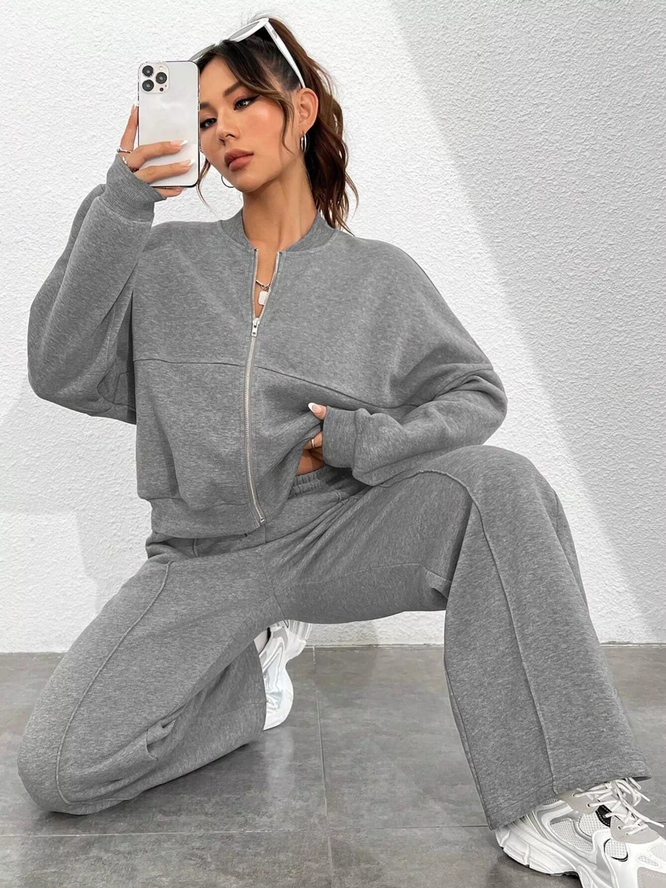 Casual Solid Color Zipper Jacket and Wide Leg Pants Set OutfitFlow