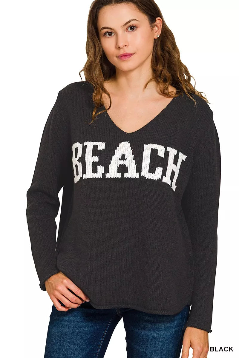 Zenana Beach V Neck Sweater BLACK Trendsi