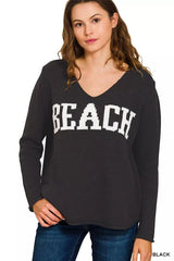 Zenana Beach V Neck Sweater BLACK Trendsi