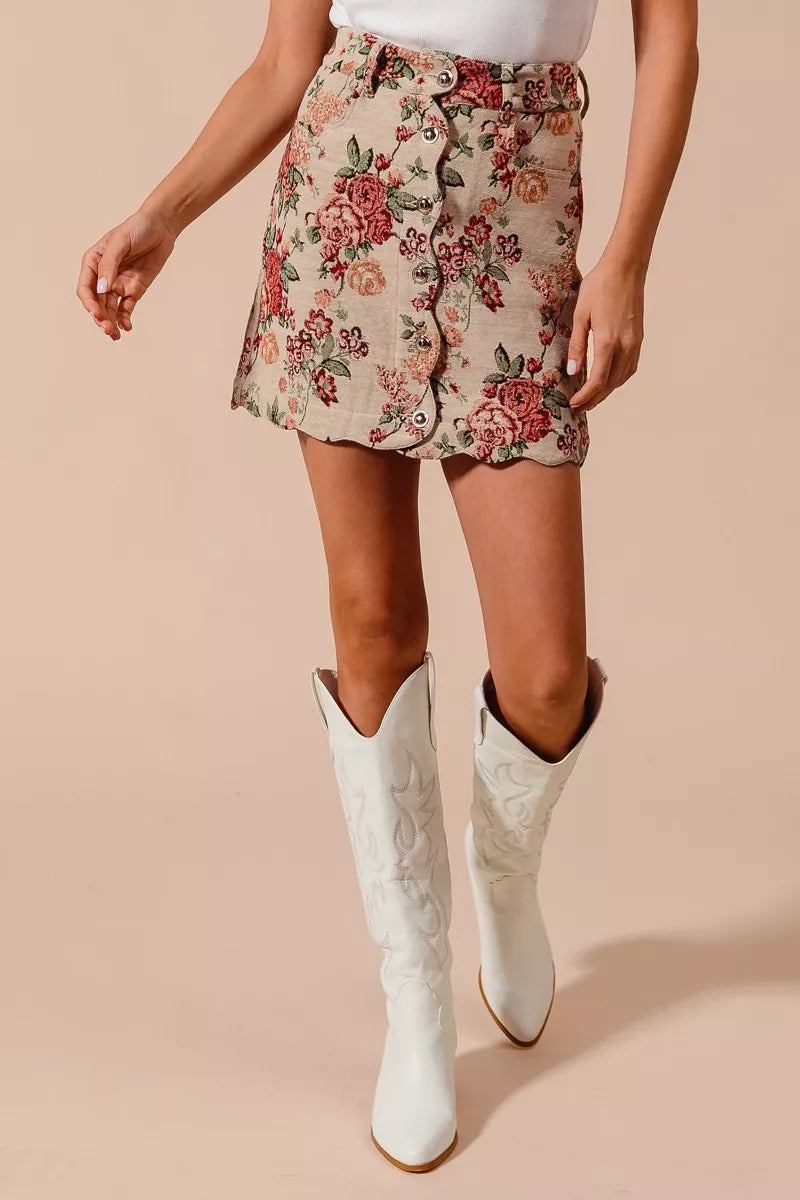 SO ME Floral Jacquard Button Front Mini Skirt with Scall Trendsi