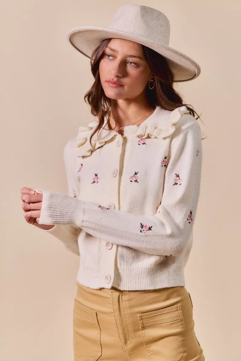 SO ME Collared Floral Embroidered Button Down Sweater Cardigan OutfitFlow