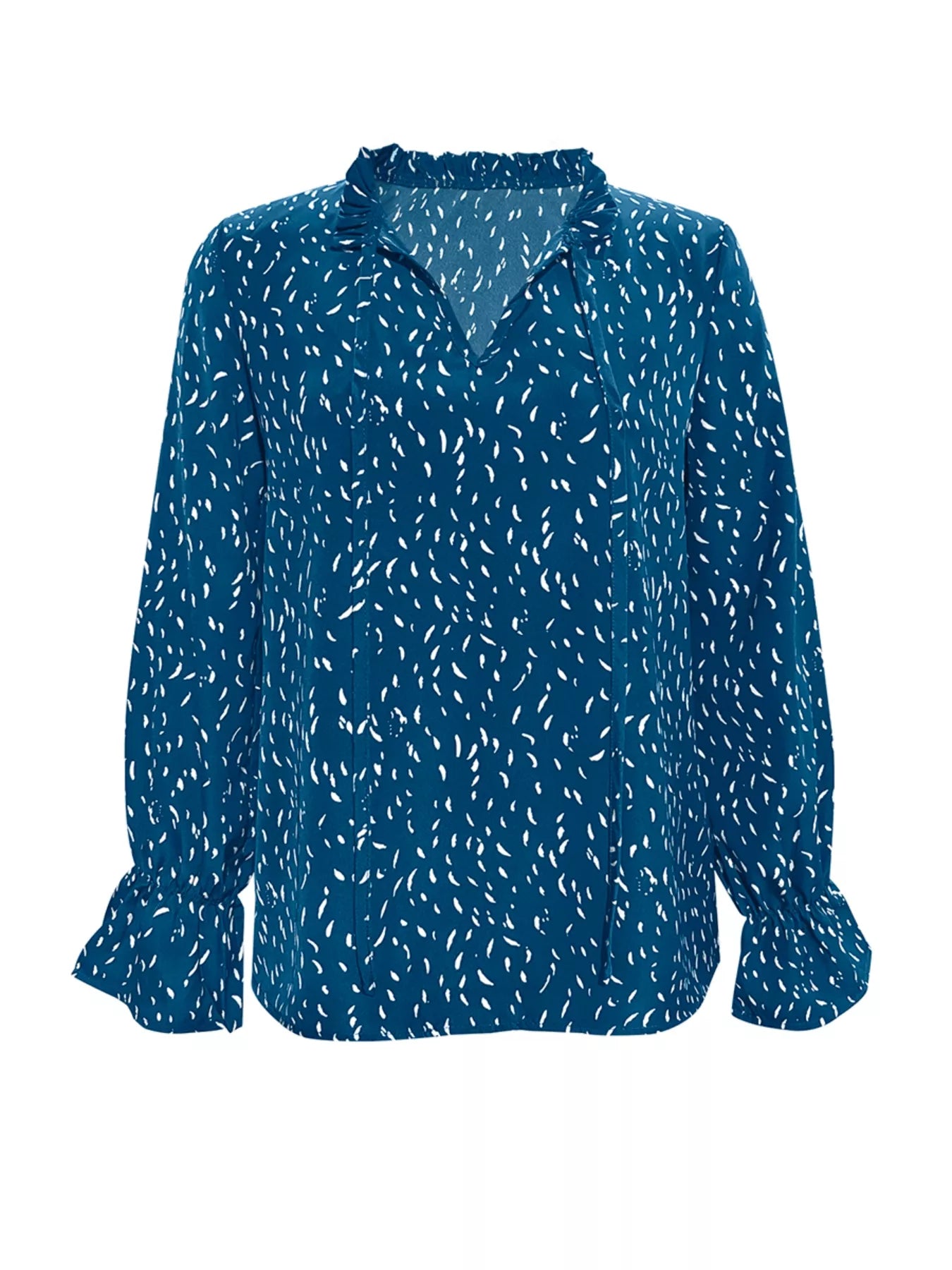Ruffled Printed Tie Neck Long Sleeve Blouse OutfitFlow