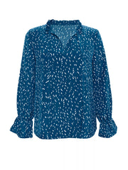Ruffled Printed Tie Neck Long Sleeve Blouse OutfitFlow