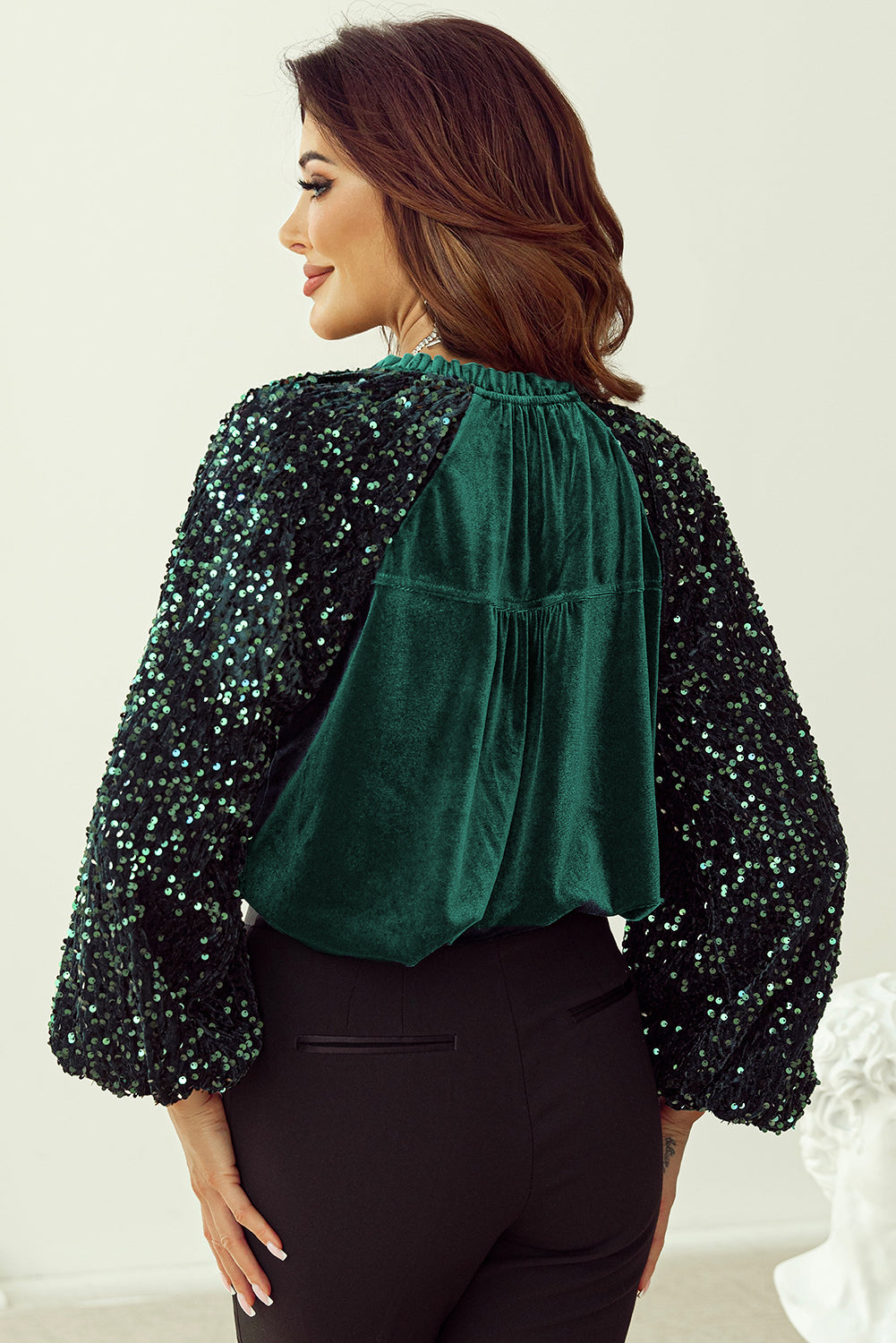 Outfit Flow - Sequin Notched Long Sleeve Blouse