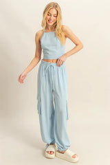 HYFVE Crop Top and Cargo Pants Set L.BLUE OutfitFlow