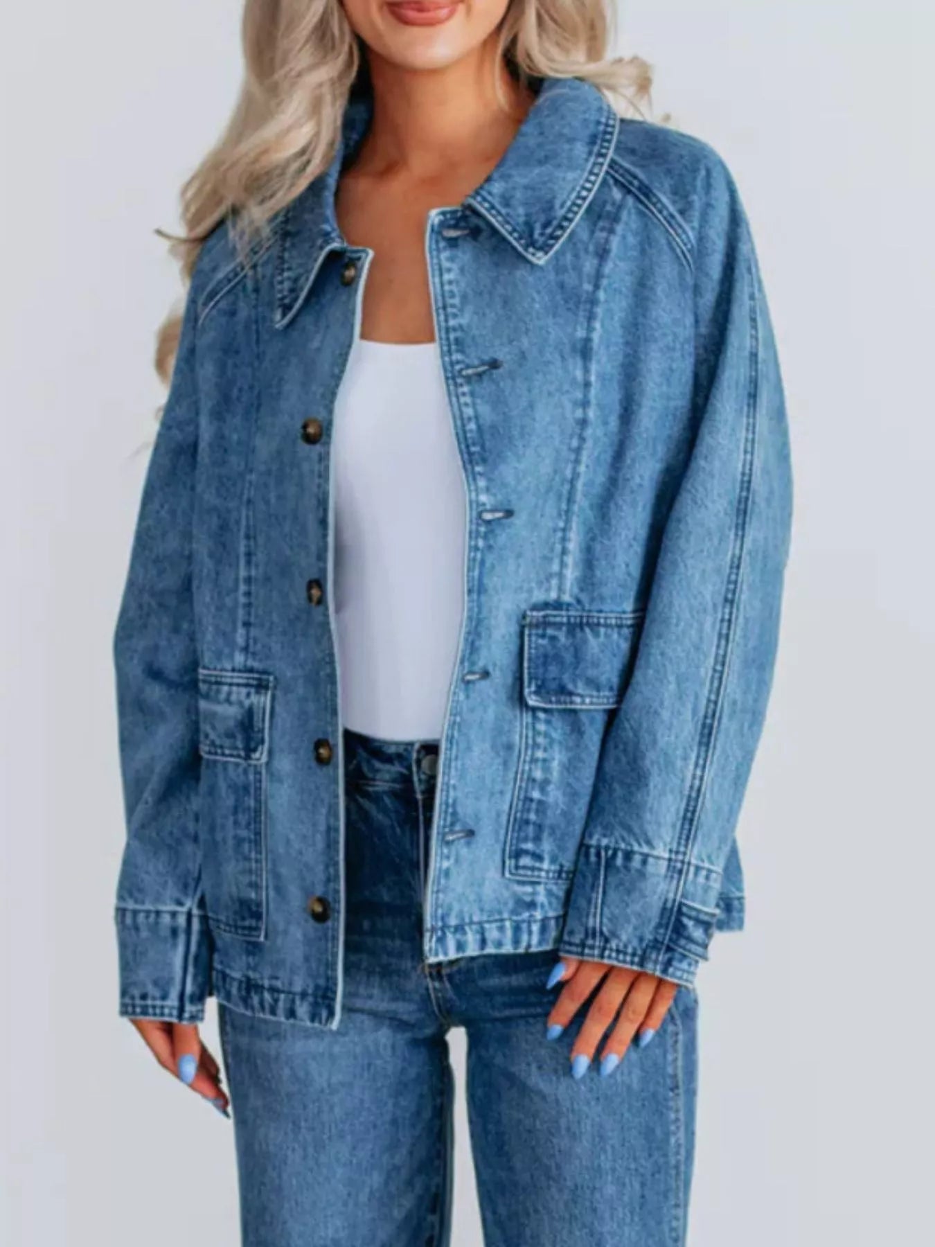 Button Up Raglan Sleeve Denim Jacket OutfitFlow