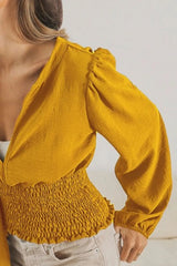 BiBi Smoking Waist Band and Puff Sleeves Deep V Neck Top OutfitFlow