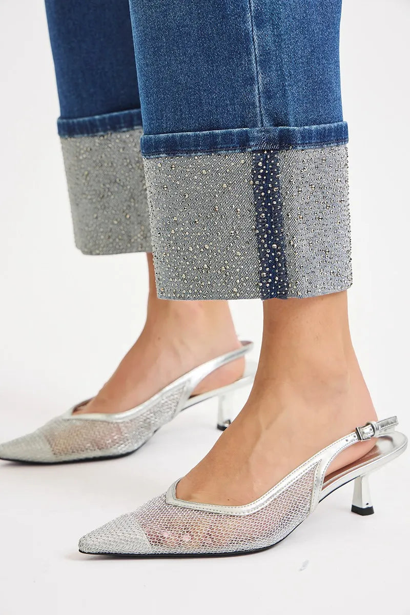 RISEN High Rise Ankle Wide Rhine Stone Cuffed Jeans Trendsi