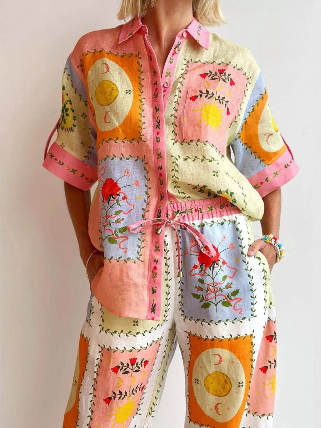 Printed Button Up Shirt and Pants Set OutfitFlow