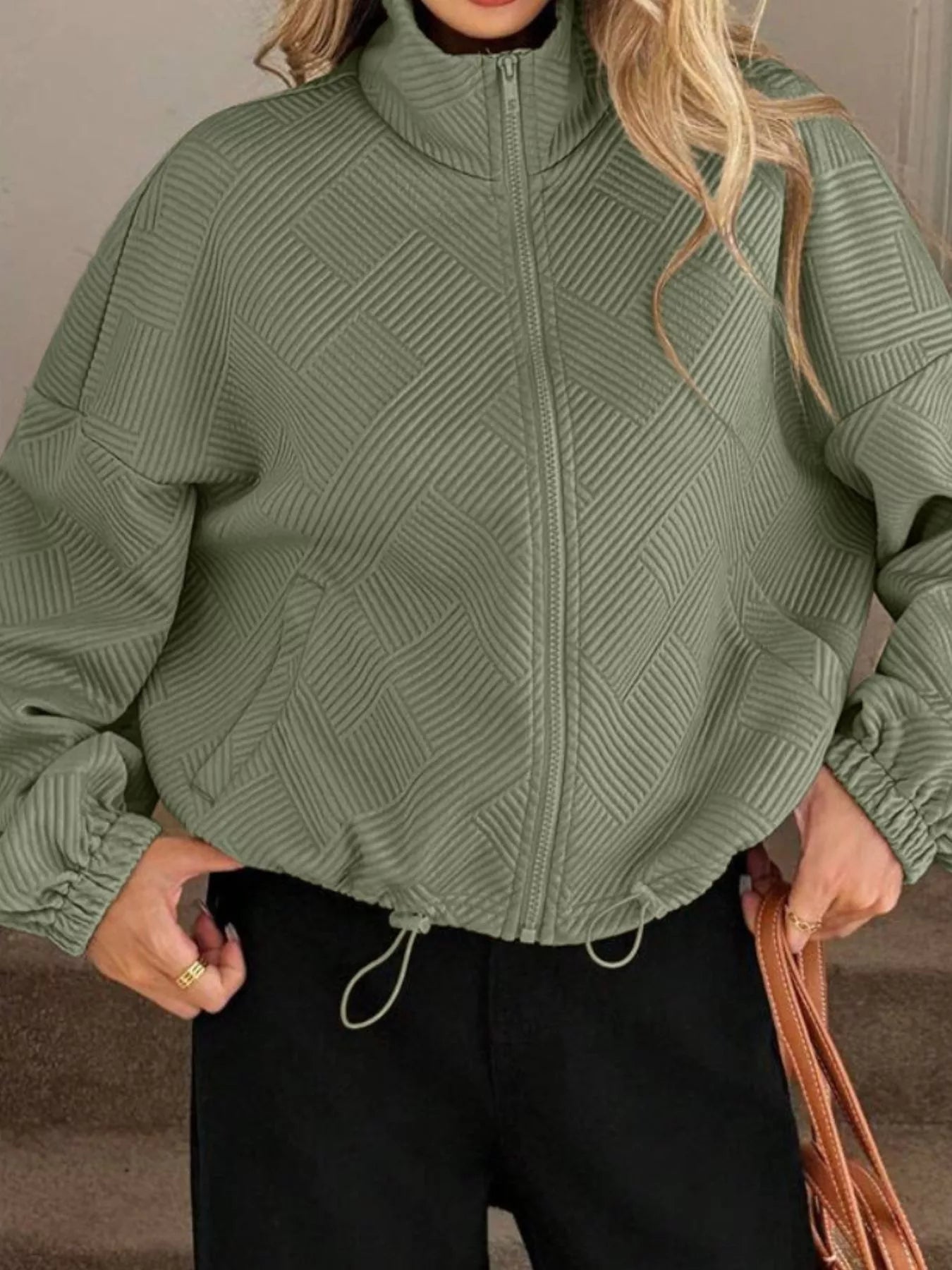 Textured Zip-Up Drawstring Hem Jacket Sage Trendsi