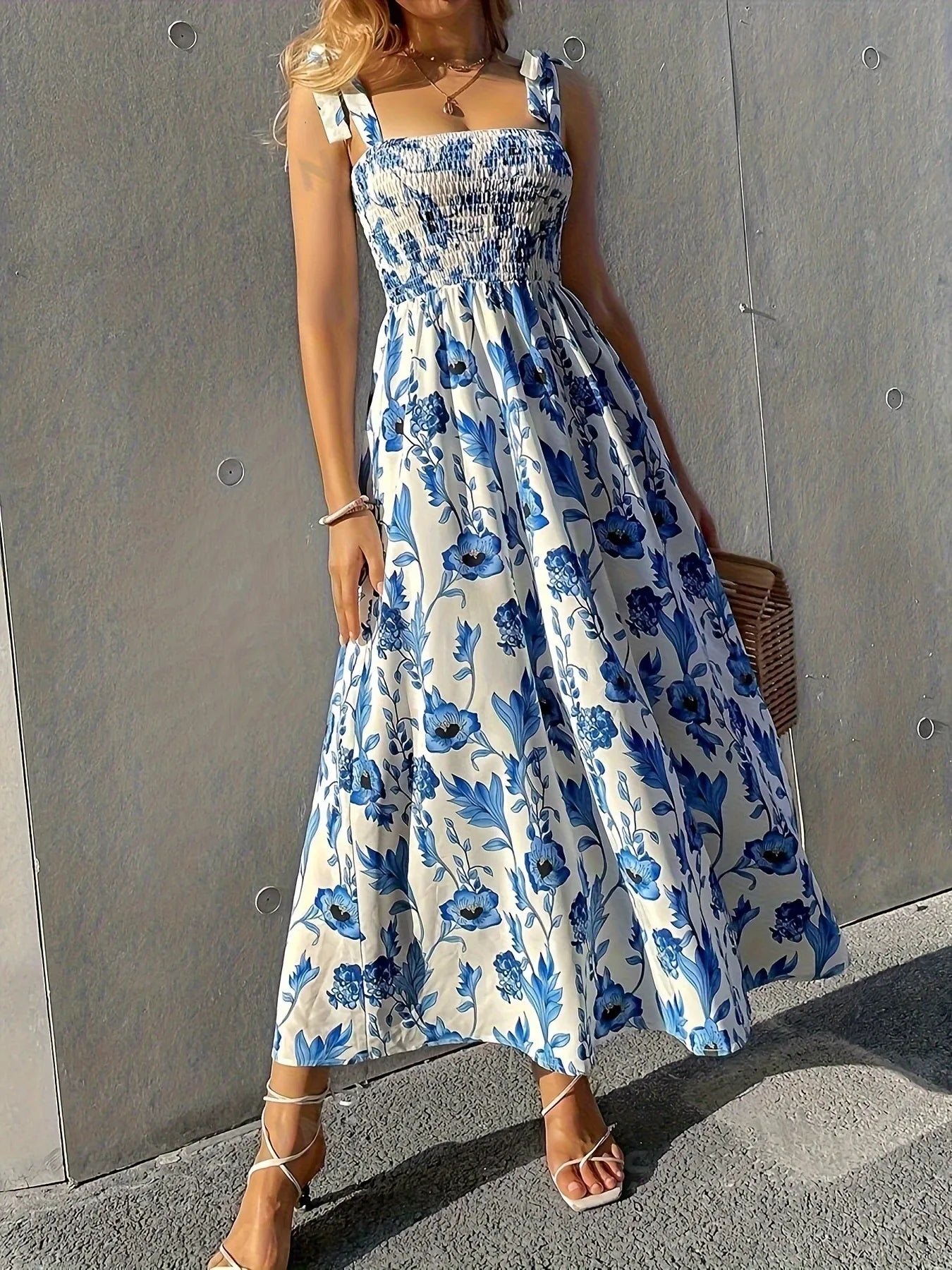 Floral Smocked Midi Dress with Tie Shoulders OutfitFlow