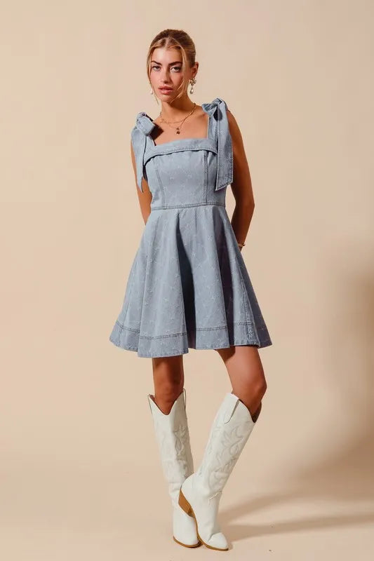 SO ME A Line Fit and Flare Diamond Bow Ribbon Denim Dres OutfitFlow