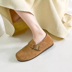 Round Toe Buckle Slip-Ons Camel OutfitFlow