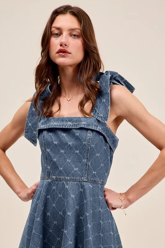 SO ME A Line Fit and Flare Diamond Bow Ribbon Denim Dres OutfitFlow