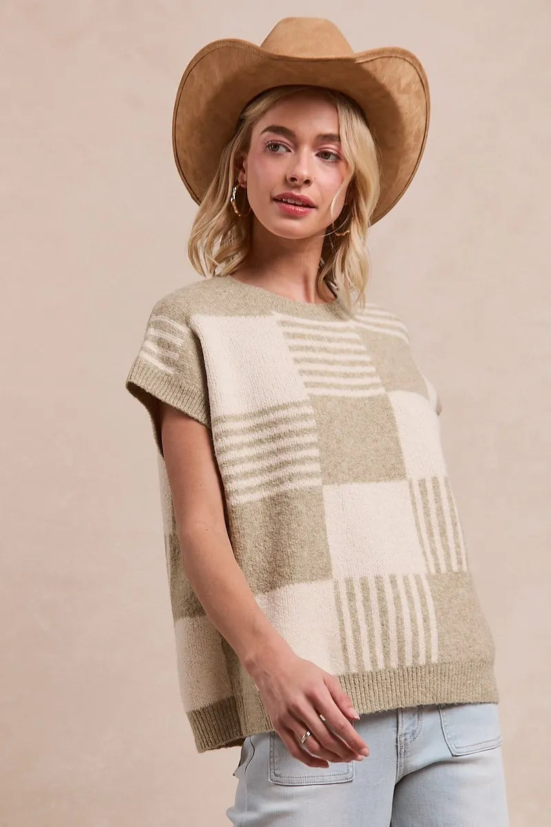 BiBi Checker With Stripes Pattern Sleeveless Sweater OutfitFlow